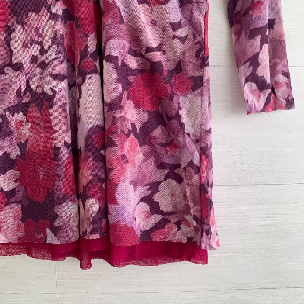 Daisy & Clover - Pink purple floral crossover top nylon mesh tunic, M - Picture 3 of 5